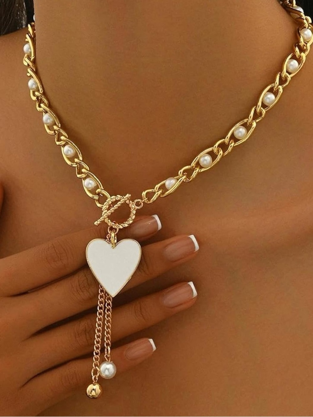 Anthropologie Gold Chain Necklace with White Heart and Pearl Accents
